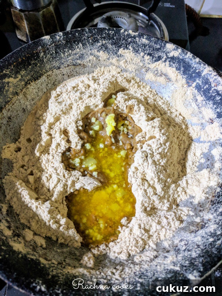 Ghee added to roasted wholewheat flour