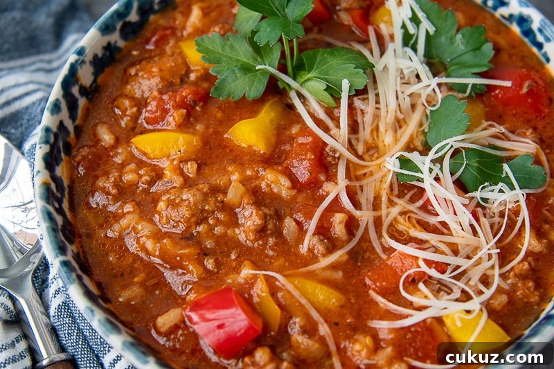up close shoot of stuffed pepper soup