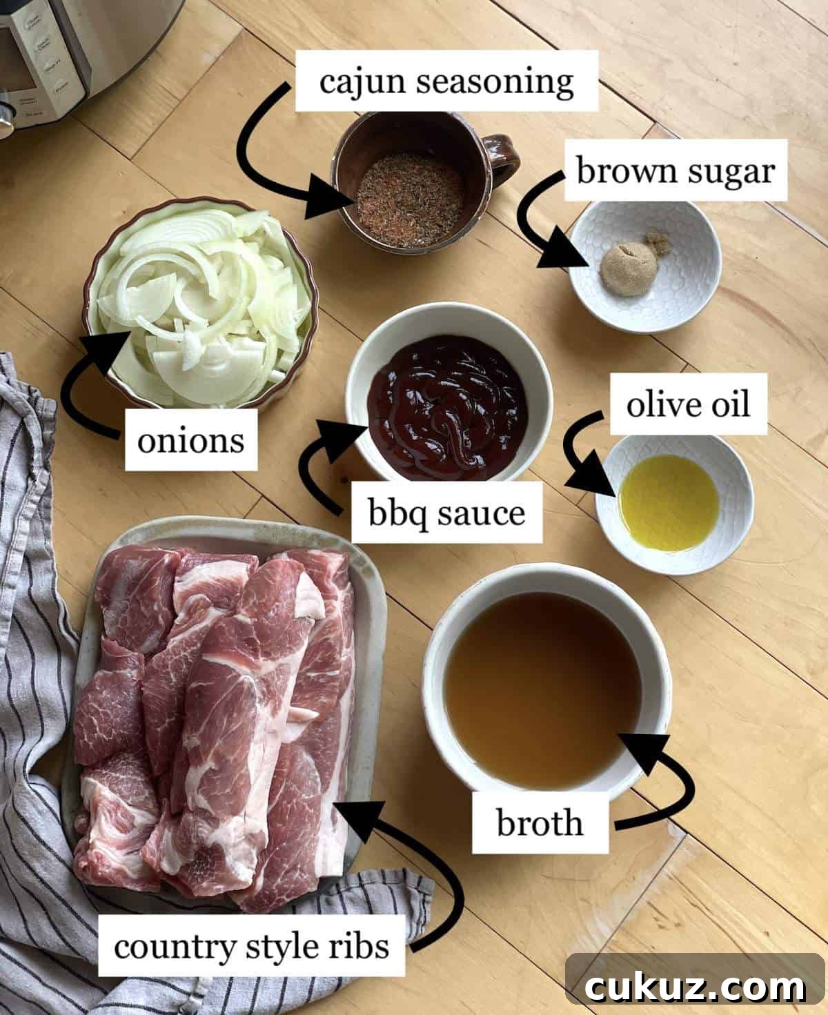 Instant Pot Country-Style Ribs with Tender, Fall-Off-the-Bone Results 3 The ingredients in Instant Pot country style ribs, laid out and labeled.