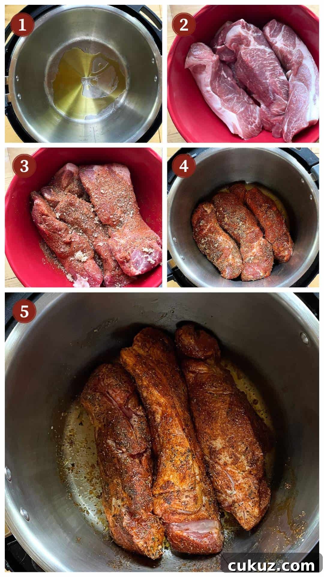 Instant Pot Country-Style Ribs with Tender, Fall-Off-the-Bone Results 5 A collage of images showing how to make country style ribs in an Instant Pot, steps 1 - 5.