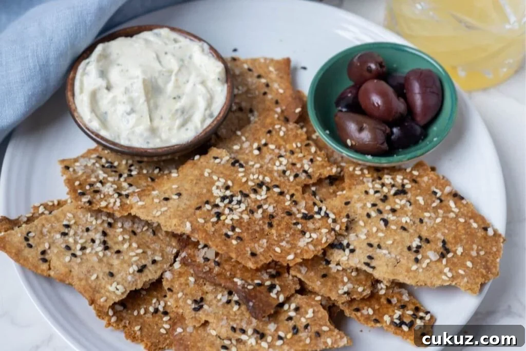 A horizontal image of some sourdough lavosh crackers displayed on a plate with some dip and black olives in a small green bowl.
