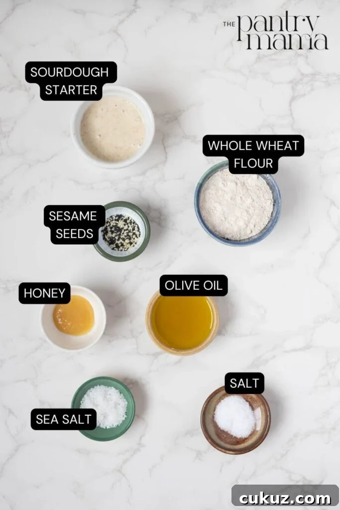 Flat lay of ingredients necessary to make sourdough lavosh crackers.