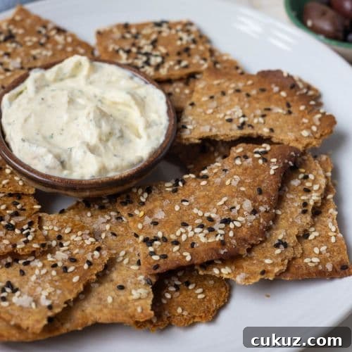 A selection of sourdough lavosh crackers topped with black and white sesame seeds surrounding a small bowl of dip.