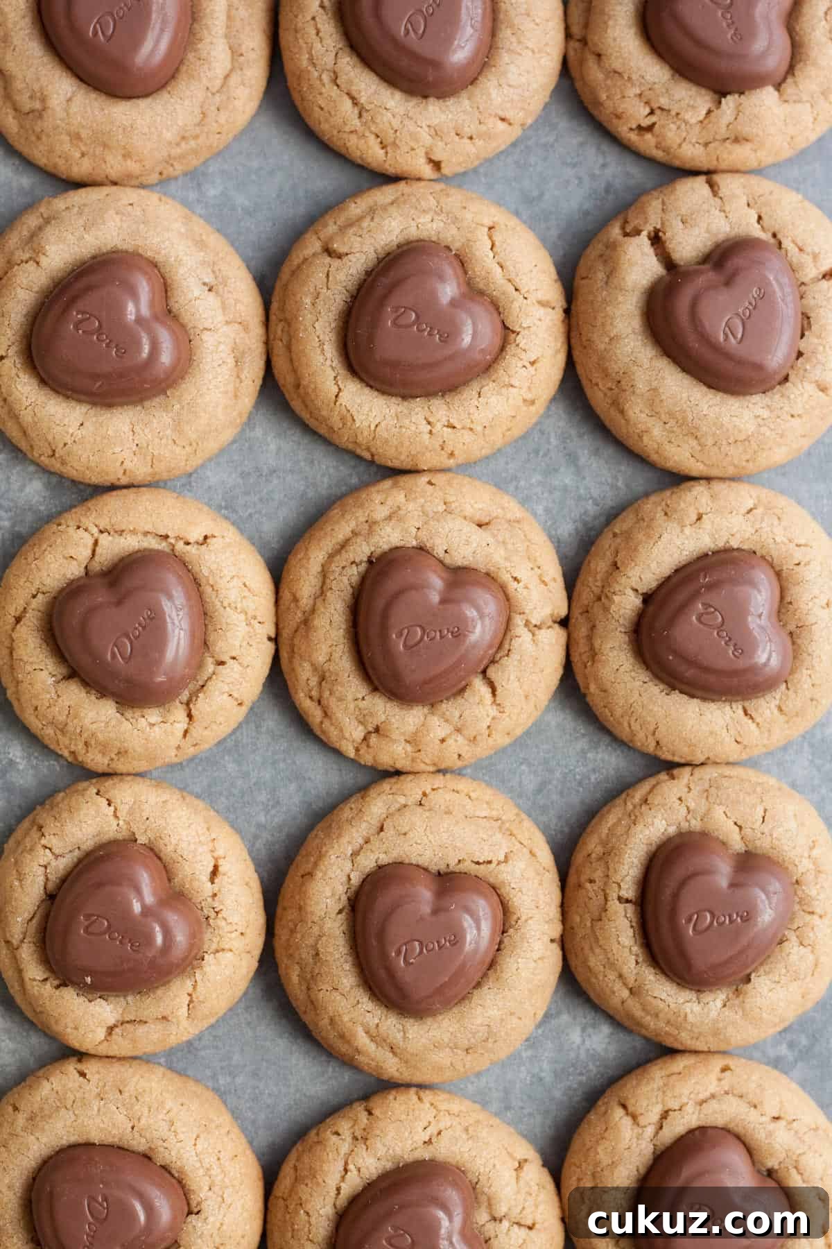 Peanut Butter Heart Blossom Cookies with heart-shaped chocolate centers