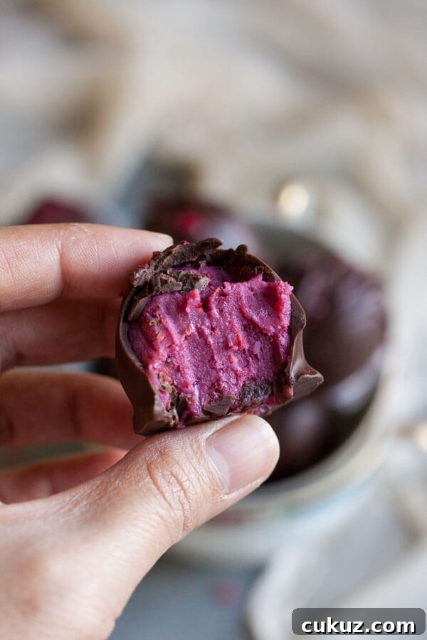 The inside of a Raspberry Chocolate Truffle