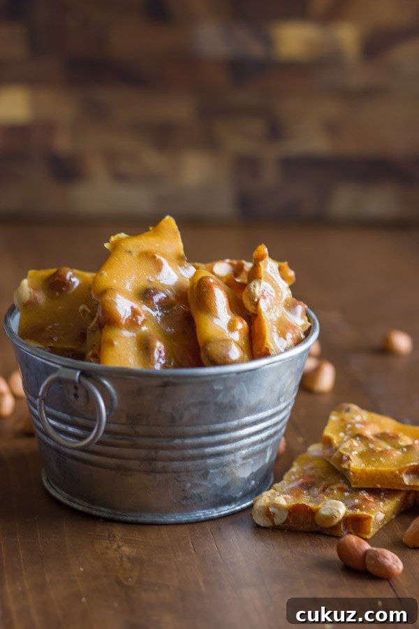 Peanut Brittle in a small galvanized bucket, with some pieces and peanuts next to it.