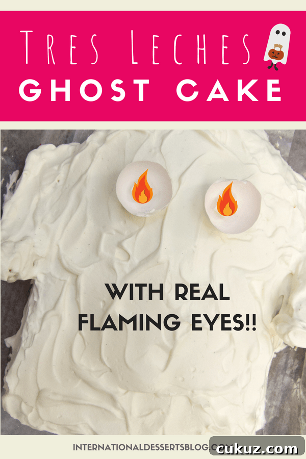 Authentic Tres Leches Cake Recipe with Flaming Ghost Eye Decoration 2 Remember this Flaming Eye Ghost Cake from childhood? The eyes glow in the dark! I made this one even better by making a Tres Leches Cake. So cute for a Halloween party or birthday!