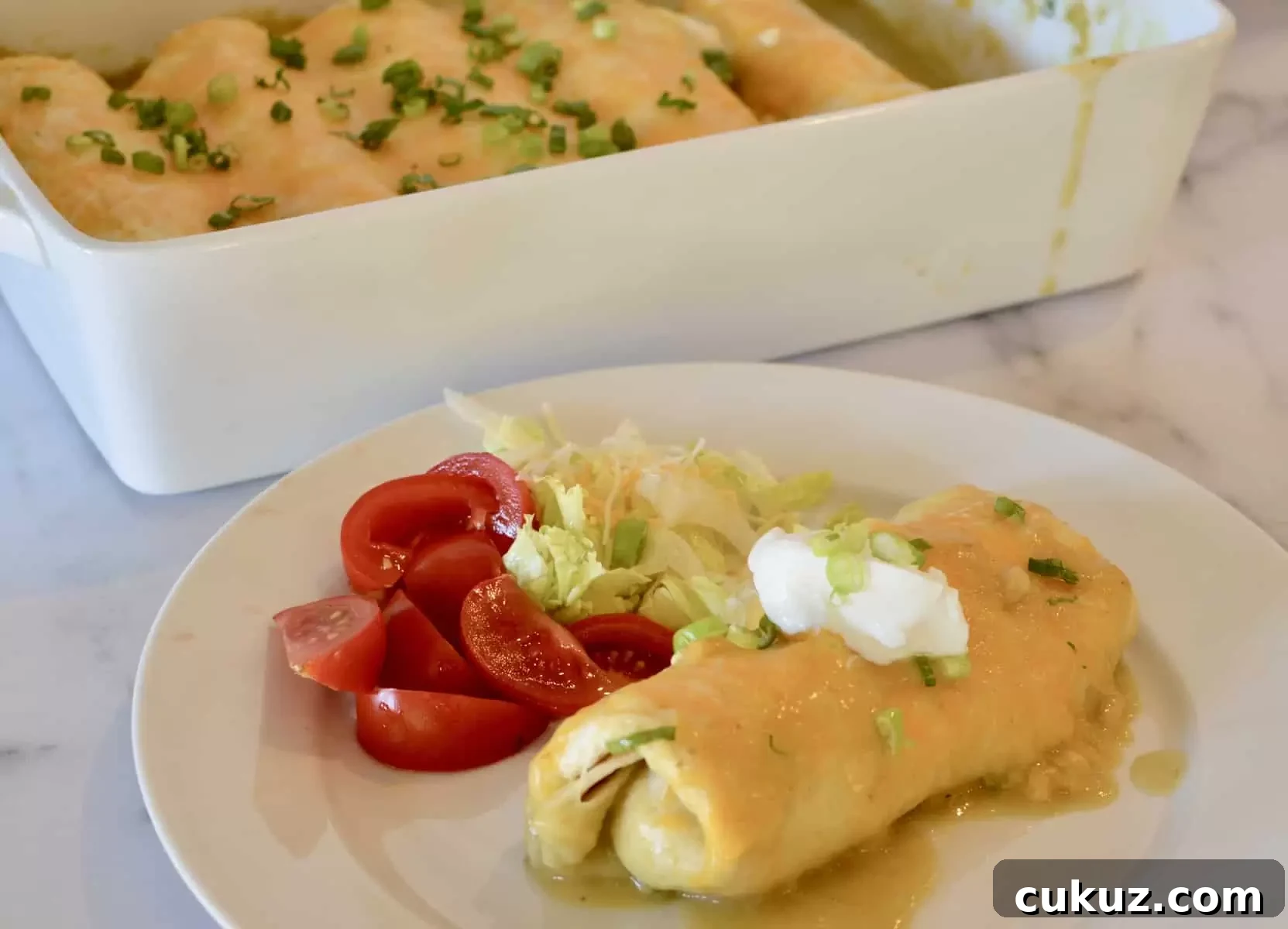 green chili chicken burrito on a white plate with tomatoes and lettuce