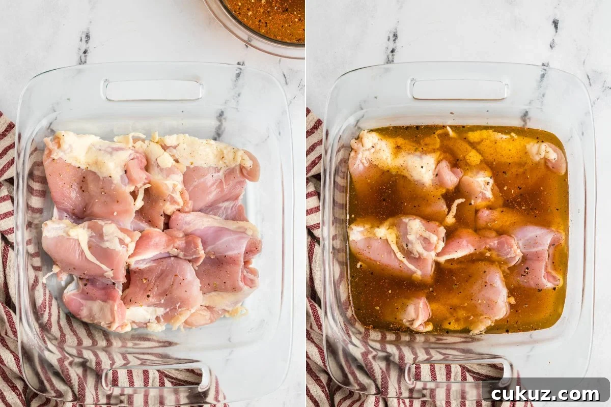 glass dish with marinating chicken