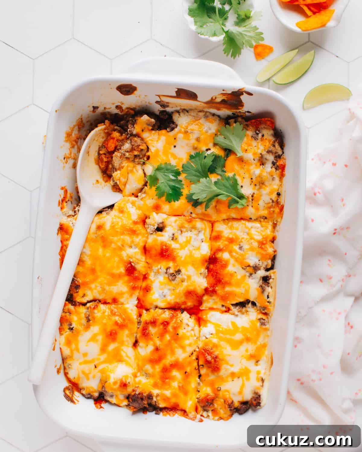 Walking taco casserole in a baking dish.
