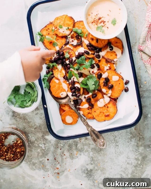 Sweet potato nachos on a tray.