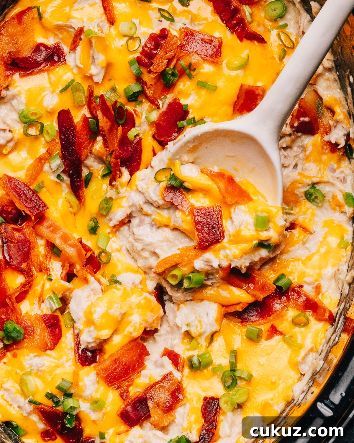 Crack Chicken in slow cooker with a spoon.