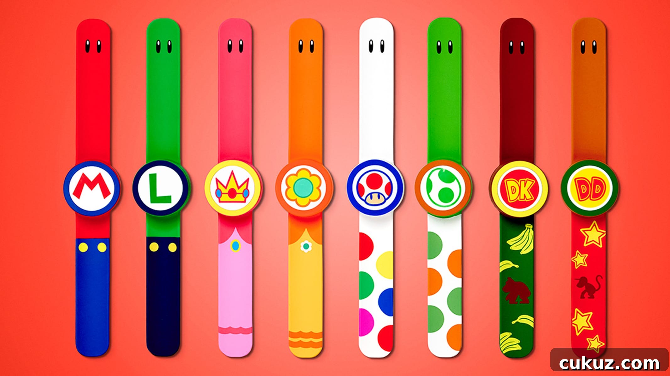 Eight colorful wristbands with designs inspired by Mario characters, each featuring unique symbols and patterns representing different characters from the video game series.
