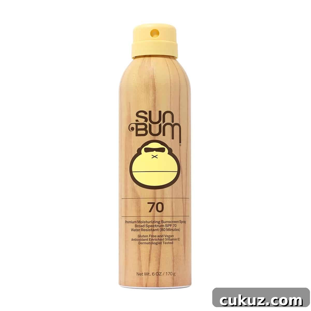 A bottle of Sun Bum SPF 70 sunscreen spray with a wood grain design and yellow cap, standing upright on a white background—perfect for your epic universe in July adventures.