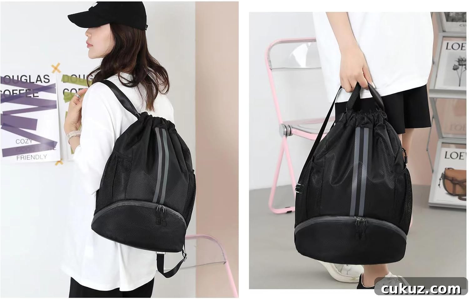 Two views of a person carrying a black drawstring backpack with a front zipper pocket—perfect for an epic universe in July—one worn on the back, the other held by the handle.