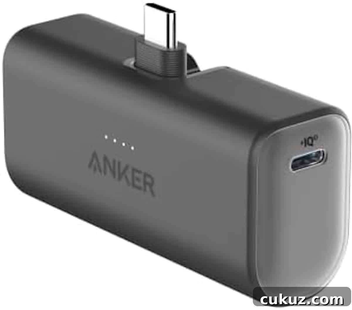 Rectangular black Anker portable charger with USB-C connector on top and charging port on the side. Four LED indicator lights glow on the front—perfect for powering up during your epic universe in July adventures.