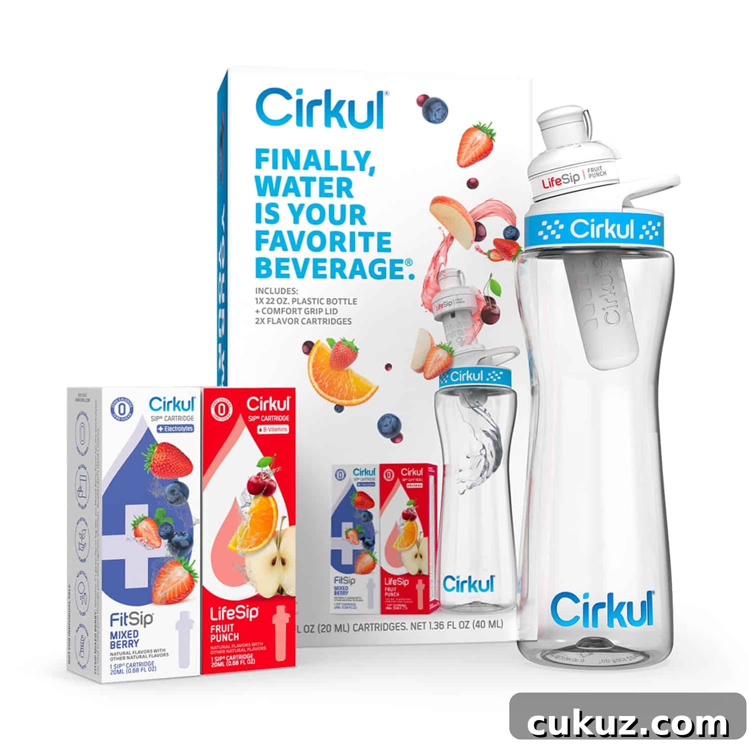 Cirkul water bottle starter kit with two flavor cartridges, one FitSip Mixed Berry and one LifeSip Fruit Punch, shown with packaging and water bottle—perfect hydration for adventures like exploring Epic Universe in July.