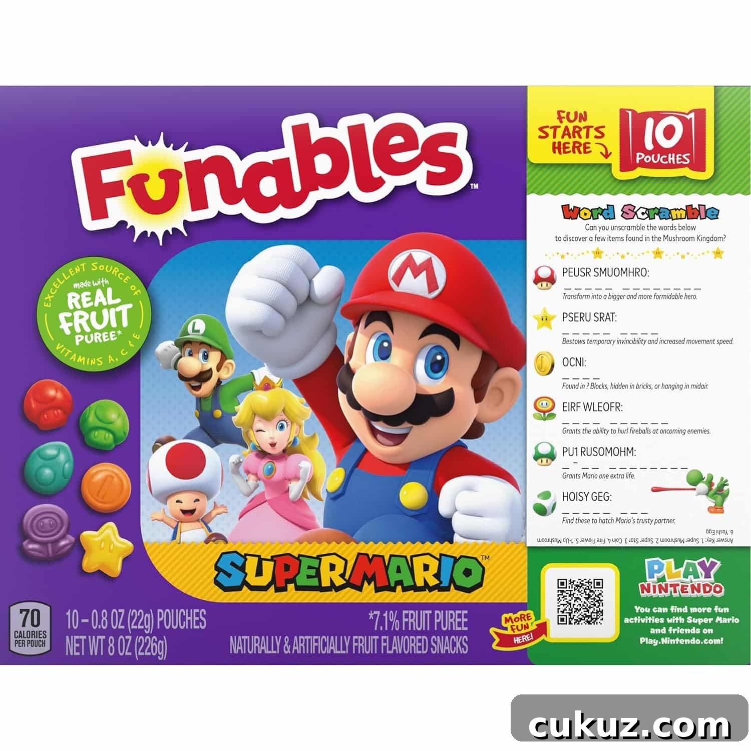 A box of Funables Super Mario fruit snacks featuring Mario, Princess Peach, and Luigi, plus product details and a word scramble game—perfect for snacking ahead of the epic universe in July!.