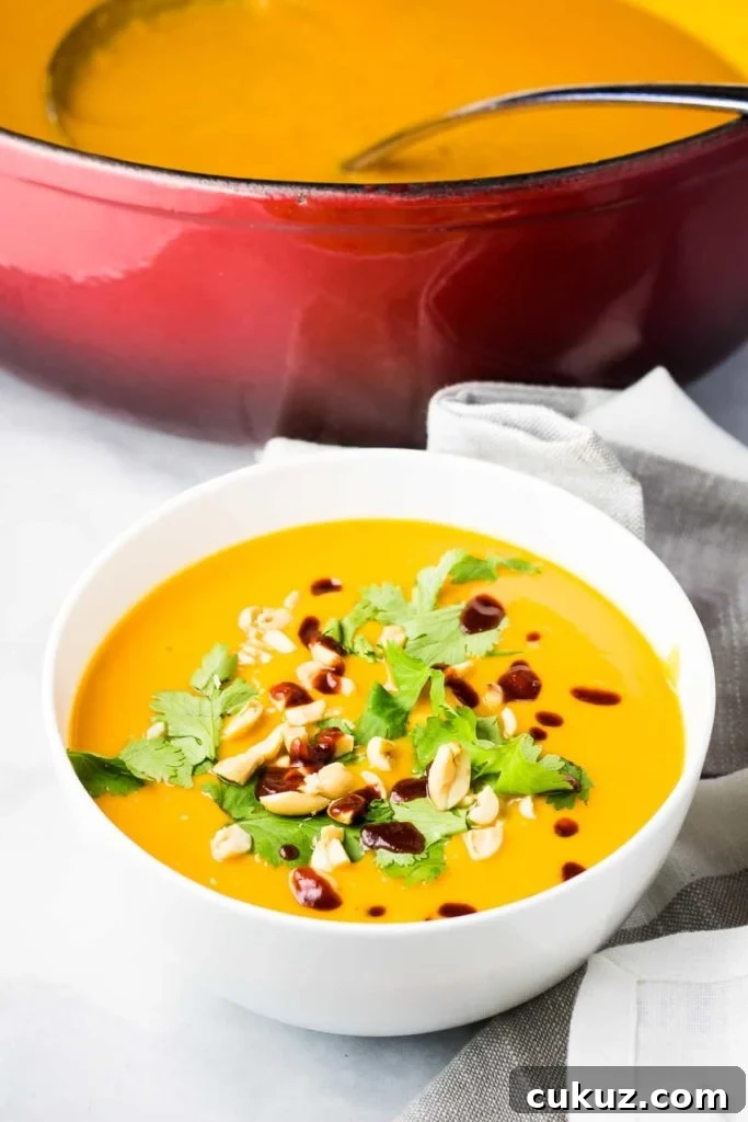 Creamy Vegan Sweet Potato Soup Recipe for Cozy Weeknights 2 A bowl of sweet potato soup topped with cilantro, peanuts and sriracha