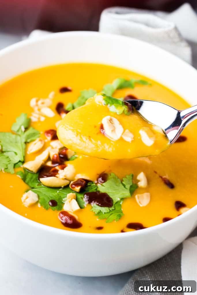 Creamy Vegan Sweet Potato Soup Recipe for Cozy Weeknights 3 A spoonful of soup with the bowl in the background