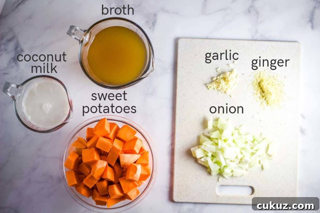 Creamy Vegan Sweet Potato Soup Recipe for Cozy Weeknights 4 Ingredients for making vegan sweet potato soup