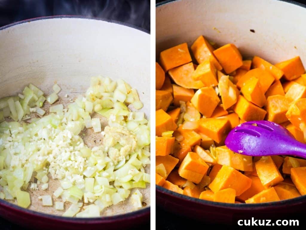 Creamy Vegan Sweet Potato Soup Recipe for Cozy Weeknights 5 Onions cooking in a dutch oven and sweet potatoes added to pot with vegetable broth