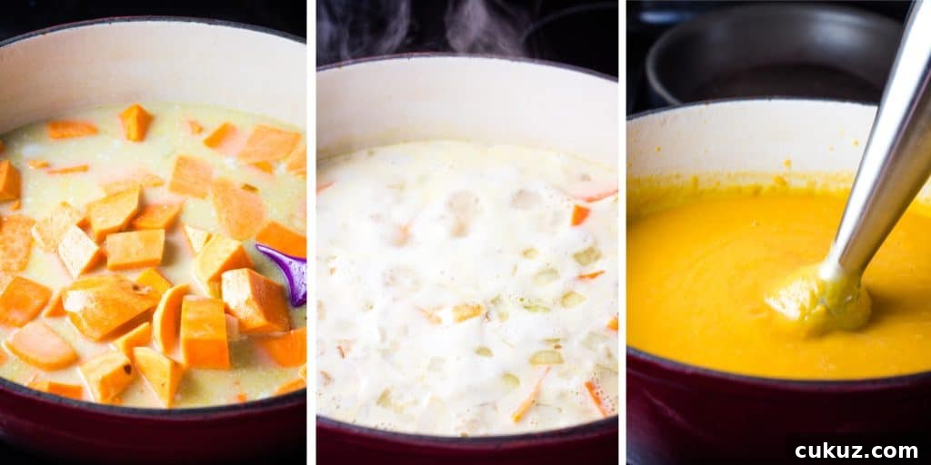 Creamy Vegan Sweet Potato Soup Recipe for Cozy Weeknights 6 Ingredients for sweet potato soup in a dutch oven and being pureed with an immersion blender.