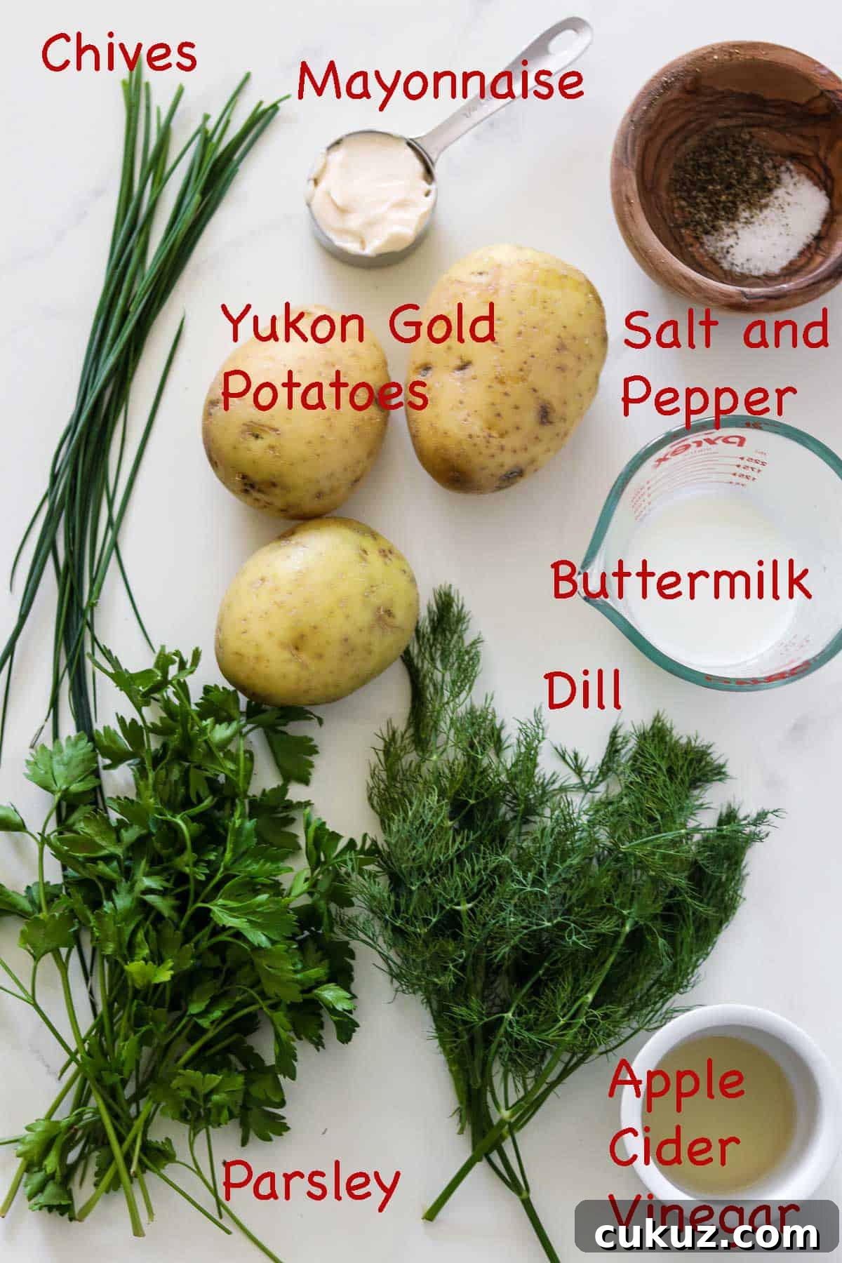 Labeled ingredients for Creamy Herbed Potato Salad