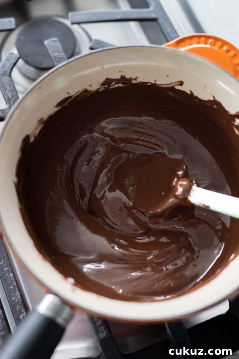 Melted chocolate in a pan. 