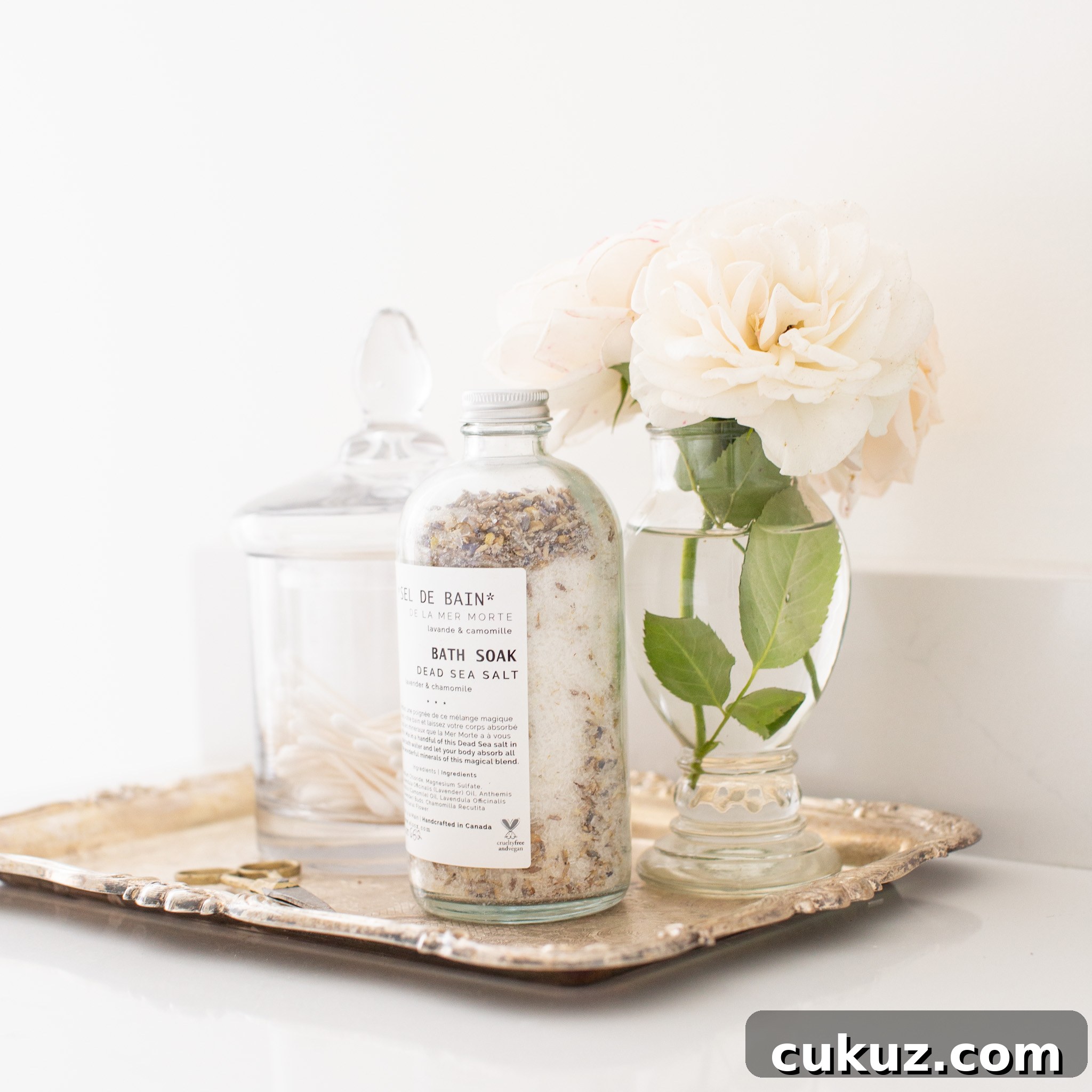 Master Bathroom and Walk-In Closet Remodel Reveal 10 flowers and bath salts on a vintage tray
