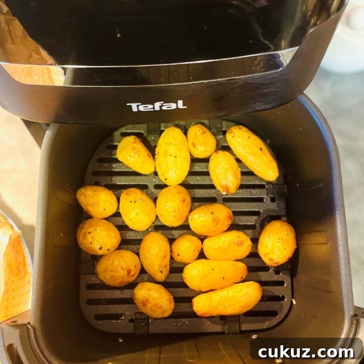 cooked roasted tinned potatoes in air fryer basket