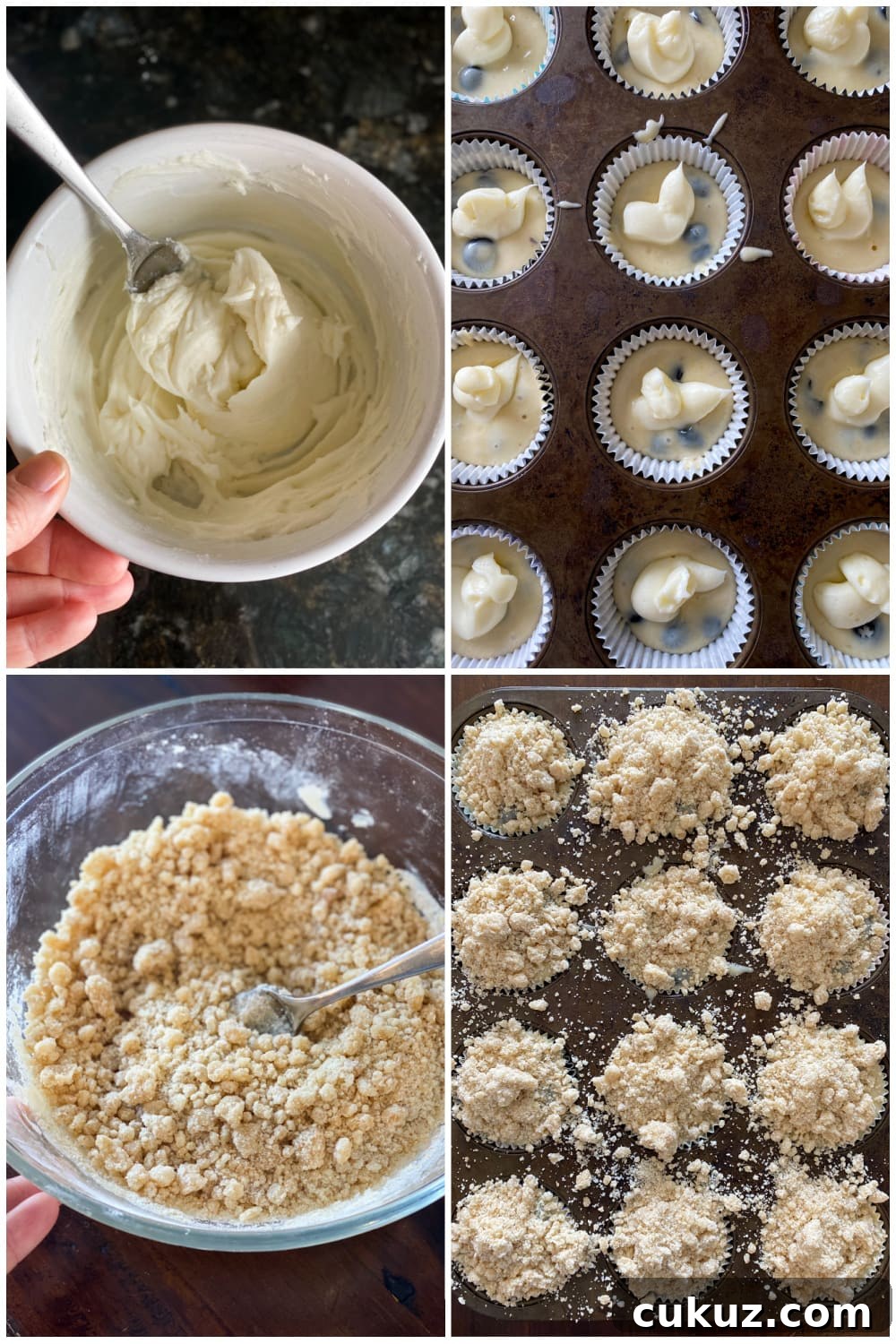 A collage of images showing how to fill blueberry muffins with cream filling and top with streusel.