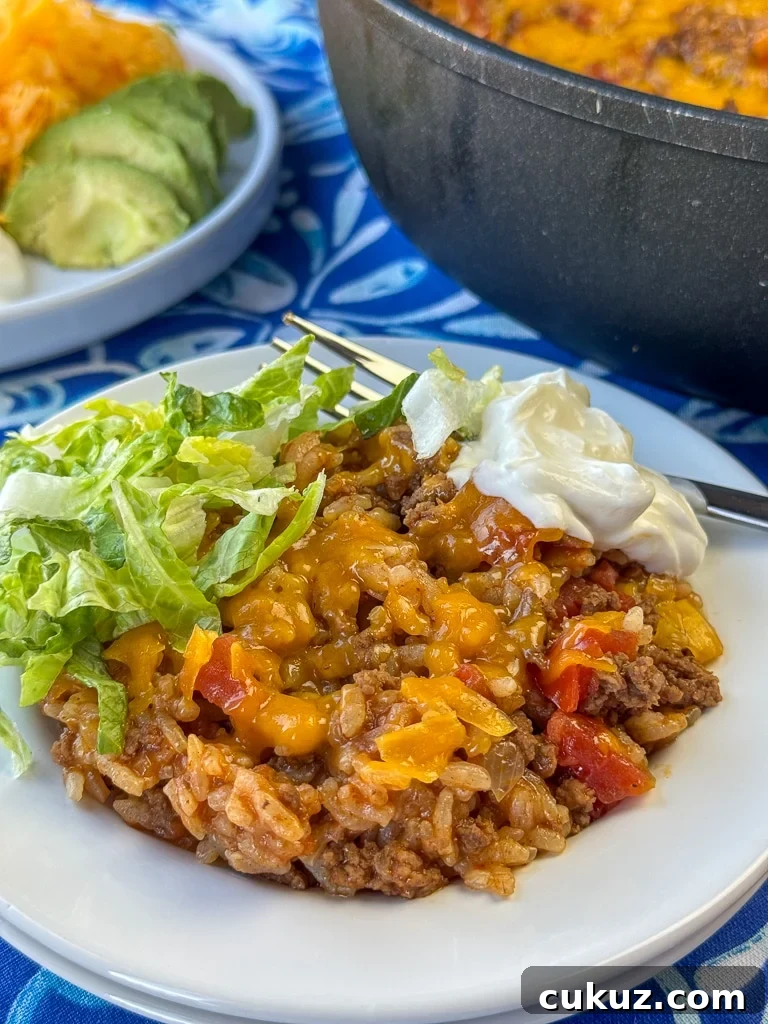 One-Pan Taco Rice Skillet Recipe for Quick Weeknight Dinners 11 Plate with a traditional Mexican ground beef, rice, tomato and cheese base that's easy to dress up with lettuce, sour cream with a fork on the back and the skillet full in the background on a blue napkin.
