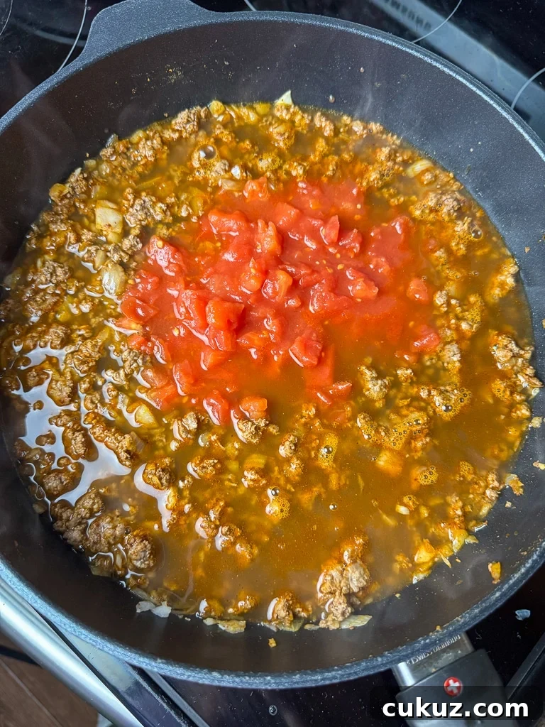 One-Pan Taco Rice Skillet Recipe for Quick Weeknight Dinners 7 Can of petite tomatoes poured into ground beef seasoned with taco spices.