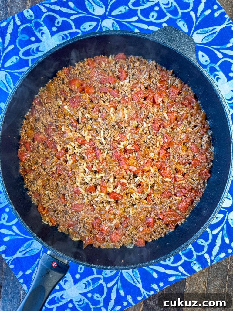 One-Pan Taco Rice Skillet Recipe for Quick Weeknight Dinners 9 Overhead view of skillet full of a taco beef mixture on a blue and white napkin.