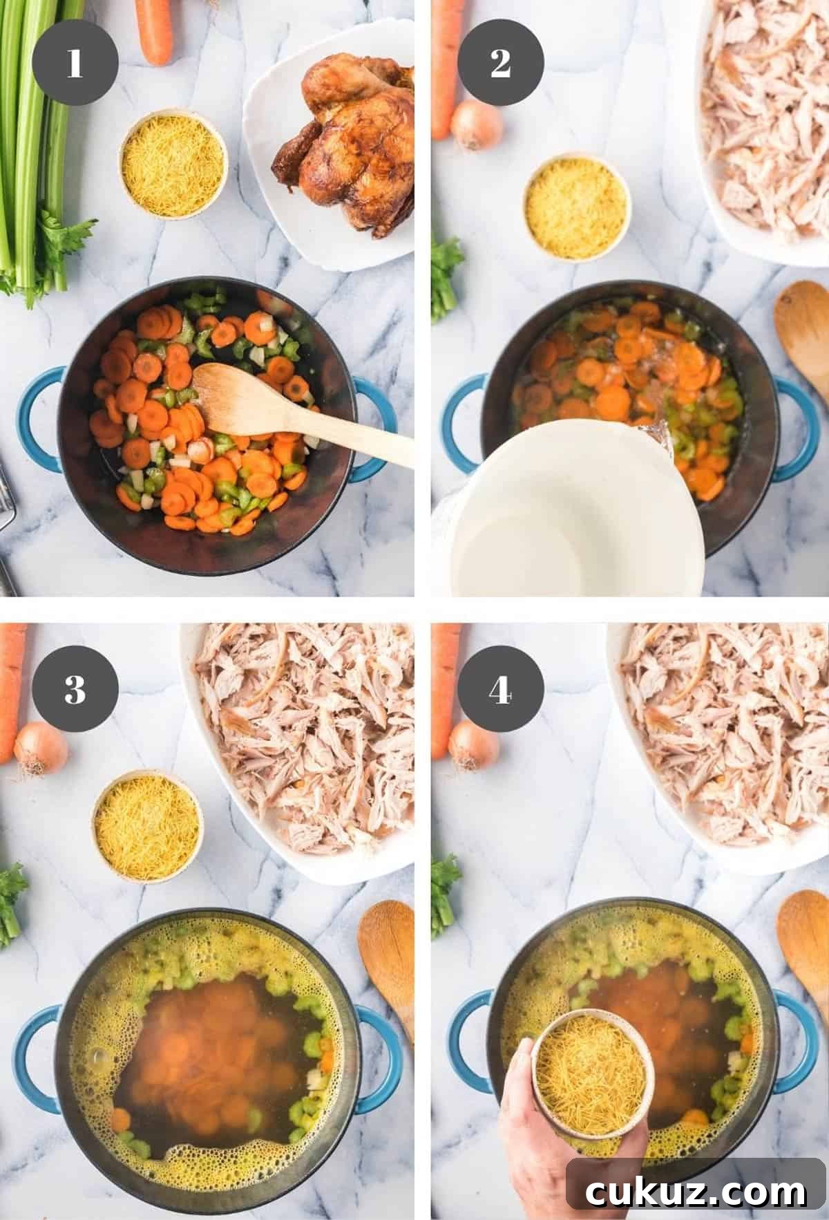 Rotisserie Chicken Noodle Soup Made with Lipton Broth 6 Adding vegetables and Lipton noodle soup mix to a pot of broth.