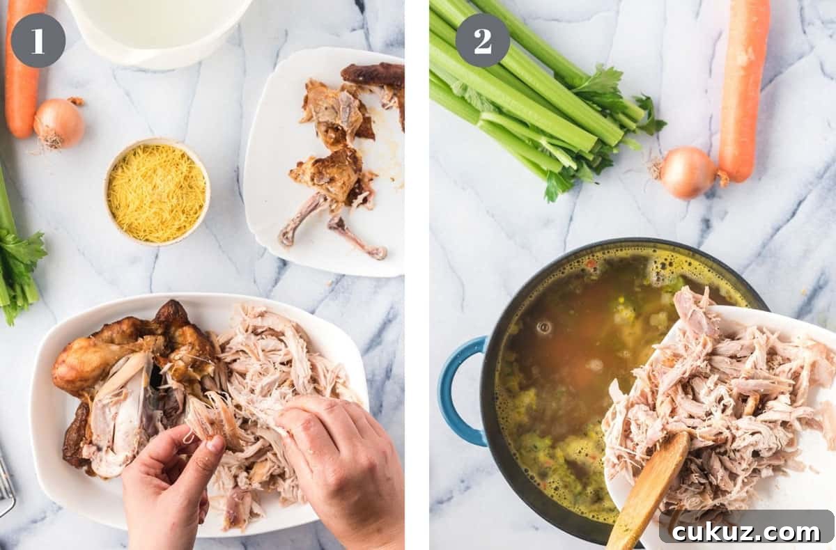 Rotisserie Chicken Noodle Soup Made with Lipton Broth 7 Picking rotisserie chicken off the bone and adding it to pot of Lipton noodle soup.