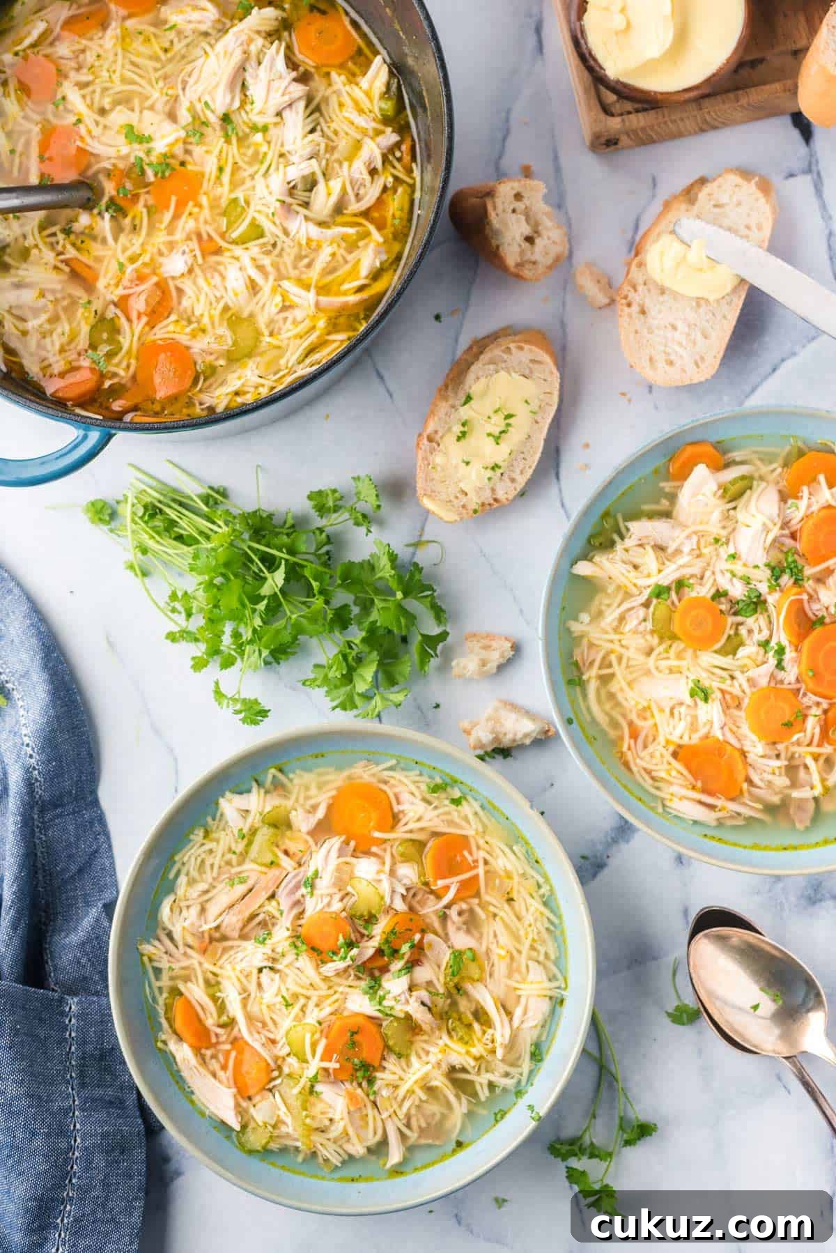 Rotisserie Chicken Noodle Soup Made with Lipton Broth 9 Overhead view of 2 bowls and a pot of chicken noodle soup with homemade bread.