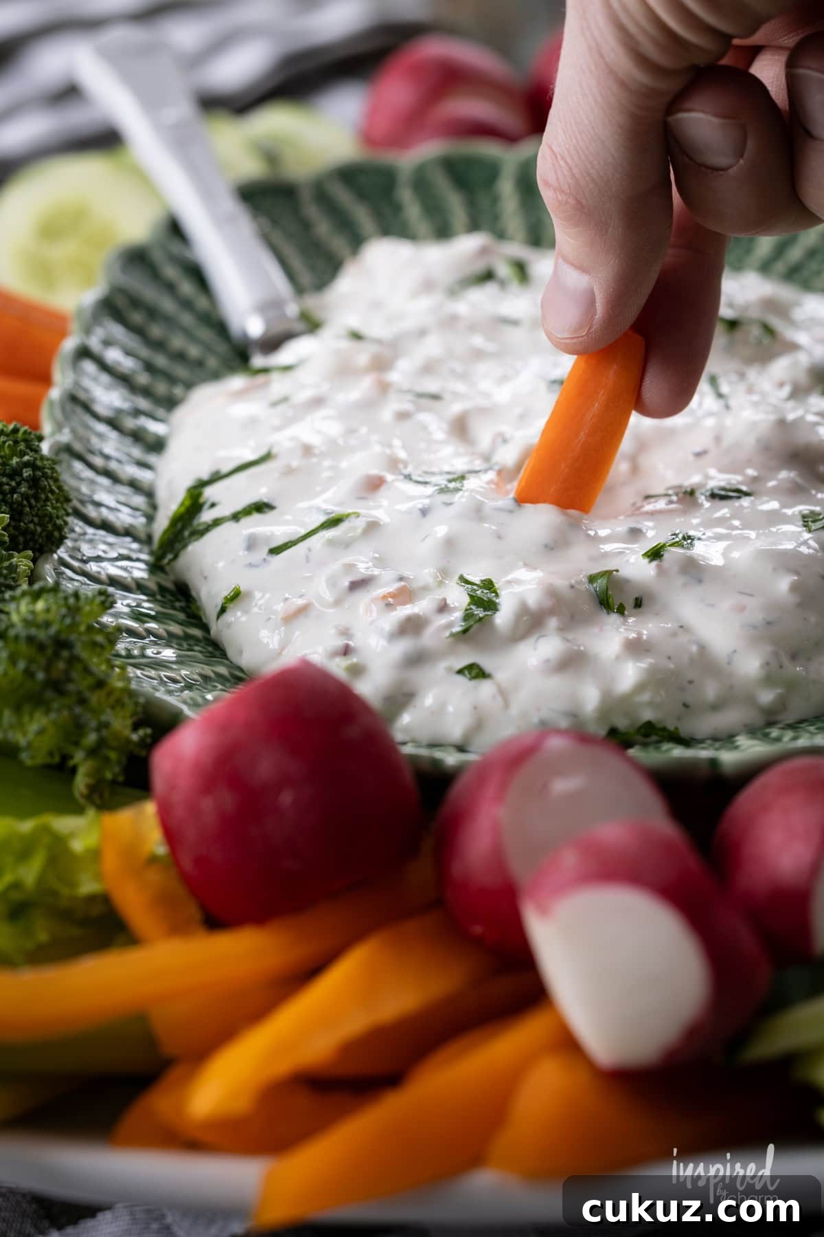 hand dipping carrot in creamy garden vegetable dip.
