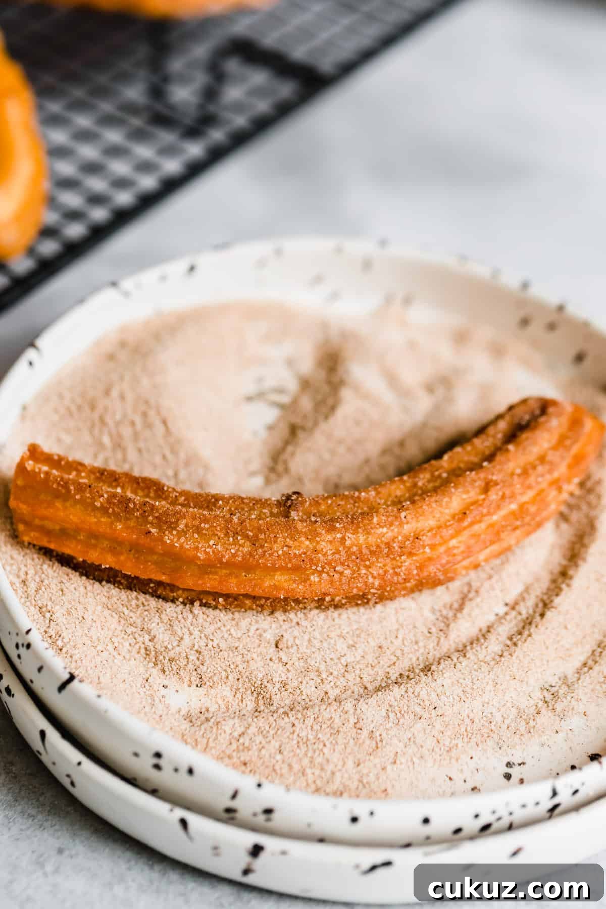How to Make Crispy Homemade Churros with Chocolate Dipping Sauce 8 A Churro Inside a Shallow Bowl Filled with Cinnamon Sugar
