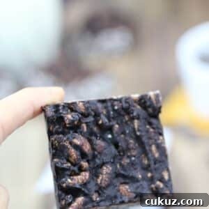 Two fingers holding up a square of a dark chocolate and peanut butter crunch bar.