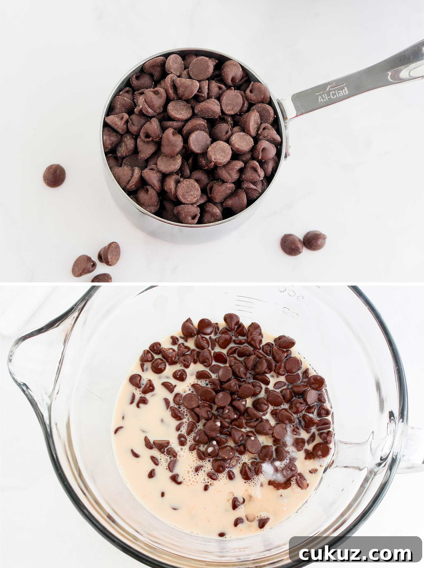 Chocolate chips, evaporated milk and coconut oil ready to be microwaved.