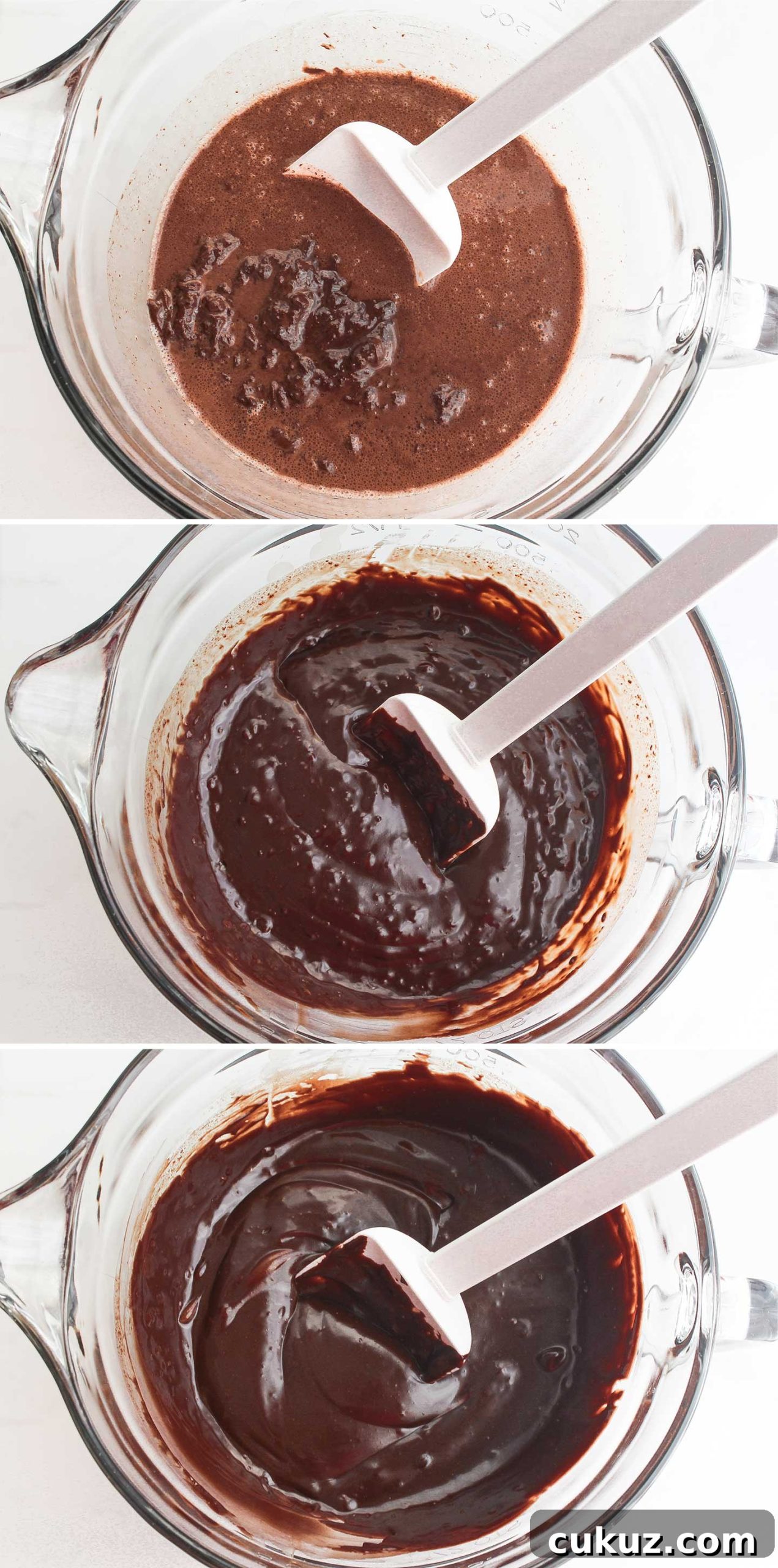 Stirring the warm chocolate until smooth.