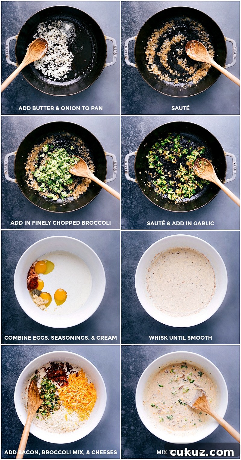 Process shots-- images of the broccoli and onion mixture being sautéed; the egg and cream base being made.
