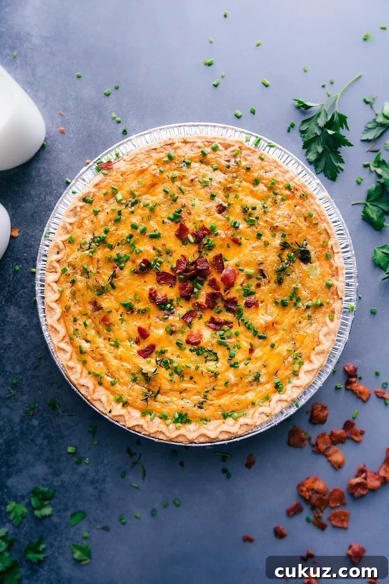 Image of the baked Broccoli Cheddar Quiche, ready to be eaten.