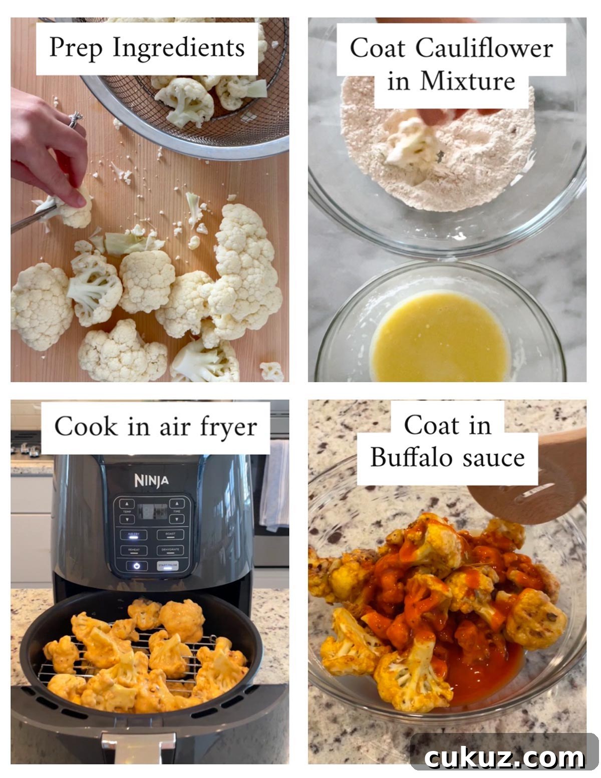 Labeled pictures with the steps to make buffalo cauliflower in the air fryer including: prep ingredients: coat cauliflower in mixture, cook in air fryer, coat in buffalo sauce.