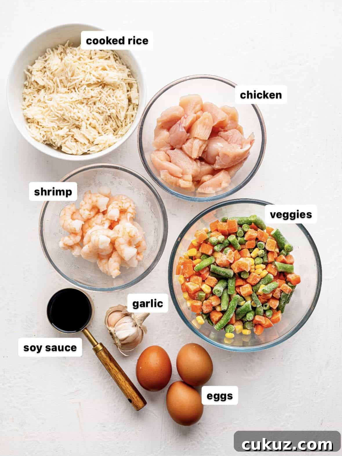Shrimp and Chicken Fried Rice Ingredients on a counter.
