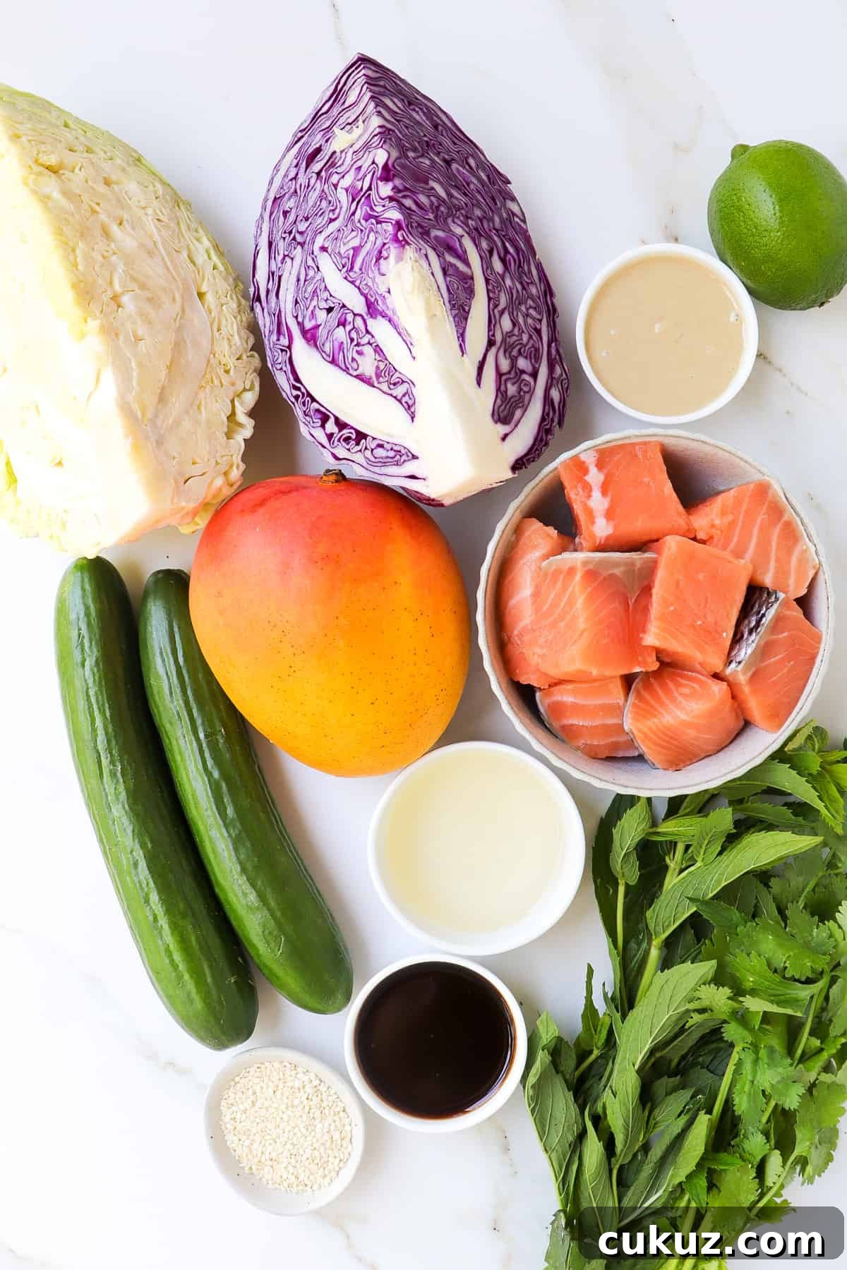 All of the raw ingredients shown to make the mango salmon salad.