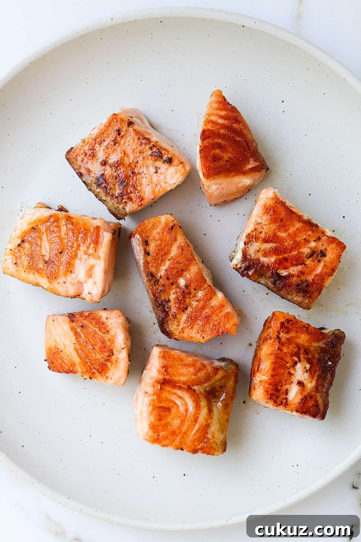 Grilled salmon chunks on a plate.