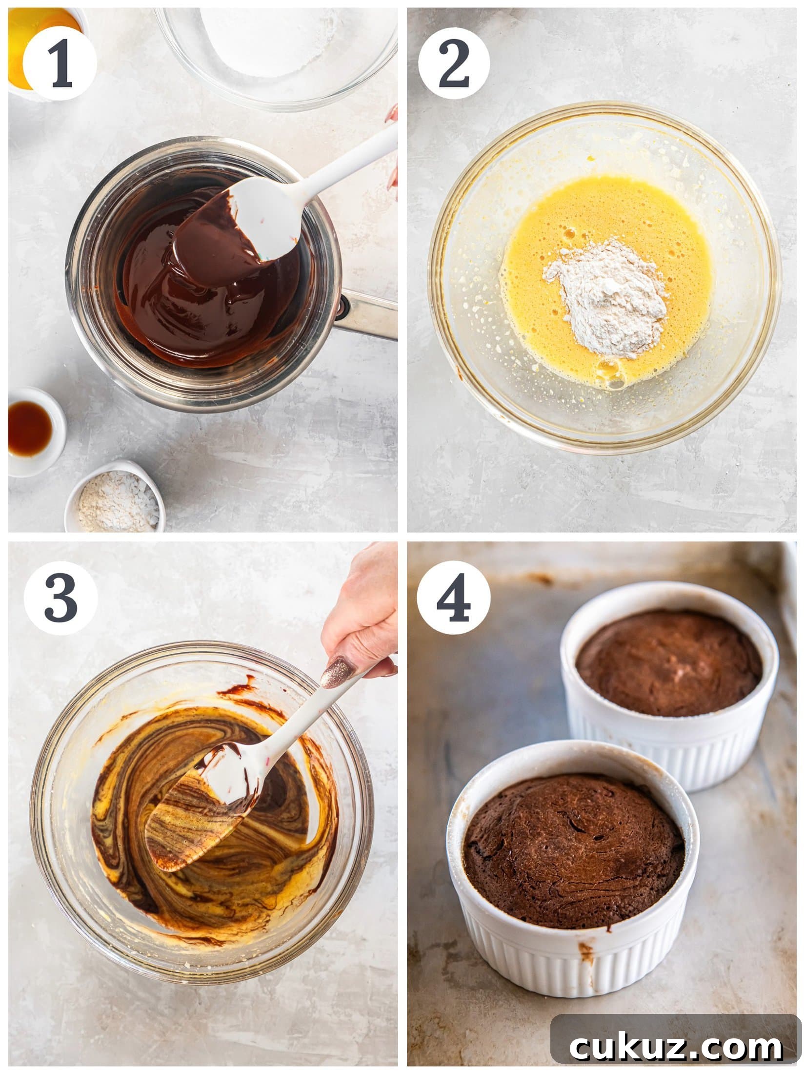 Showing the process of mixing chocolate cake batter and dividing it into two ramekins.